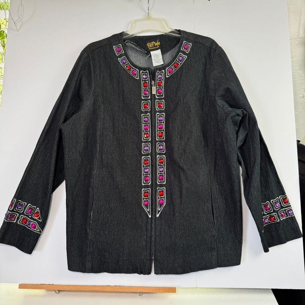Bob Mackie Wearable Art Black Denim Jacket Full Zip Jeweled Embellished Plus 1X